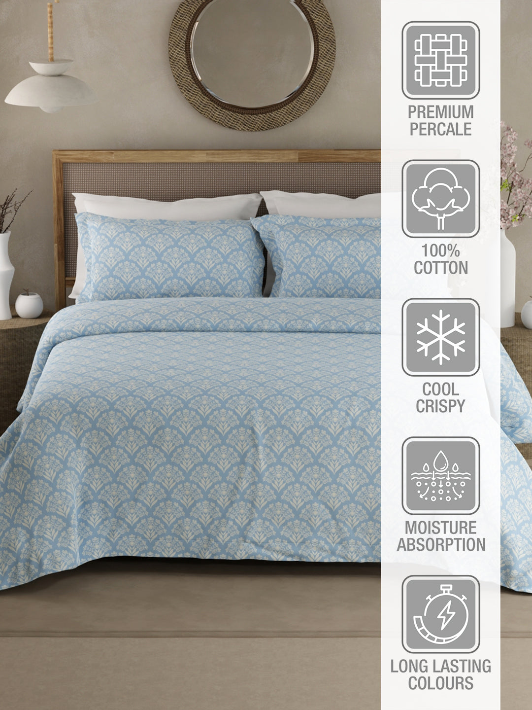 100% Cotton 300 TC King Bedsheet with 2 Pillow Covers - Blue & White Floral, Cottage Garden