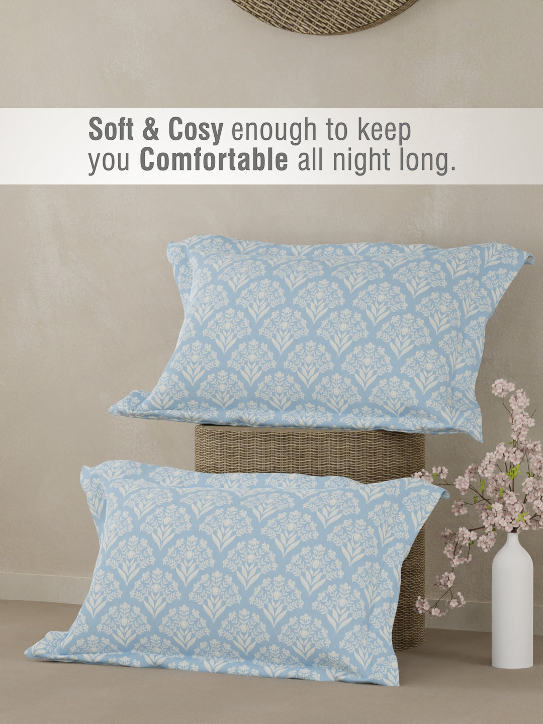 100% Cotton 300 TC King Bedsheet with 2 Pillow Covers - Blue & White Floral, Cottage Garden