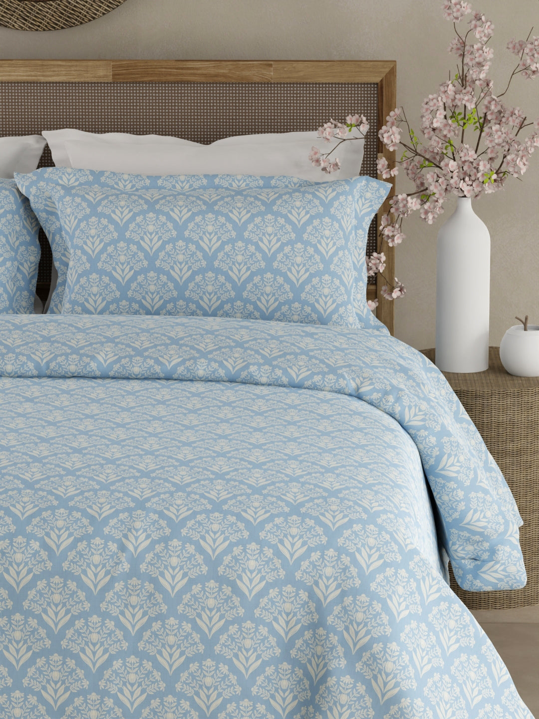 100% Cotton 300 TC King Bedsheet with 2 Pillow Covers - Blue & White Floral, Cottage Garden