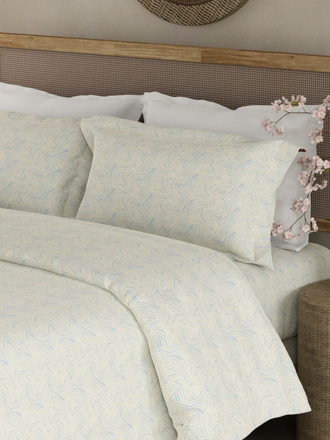 100% Cotton 300 TC King Bedsheet with 2 Pillow Covers - Blue & White Geometrical Print, Cottage Garden
