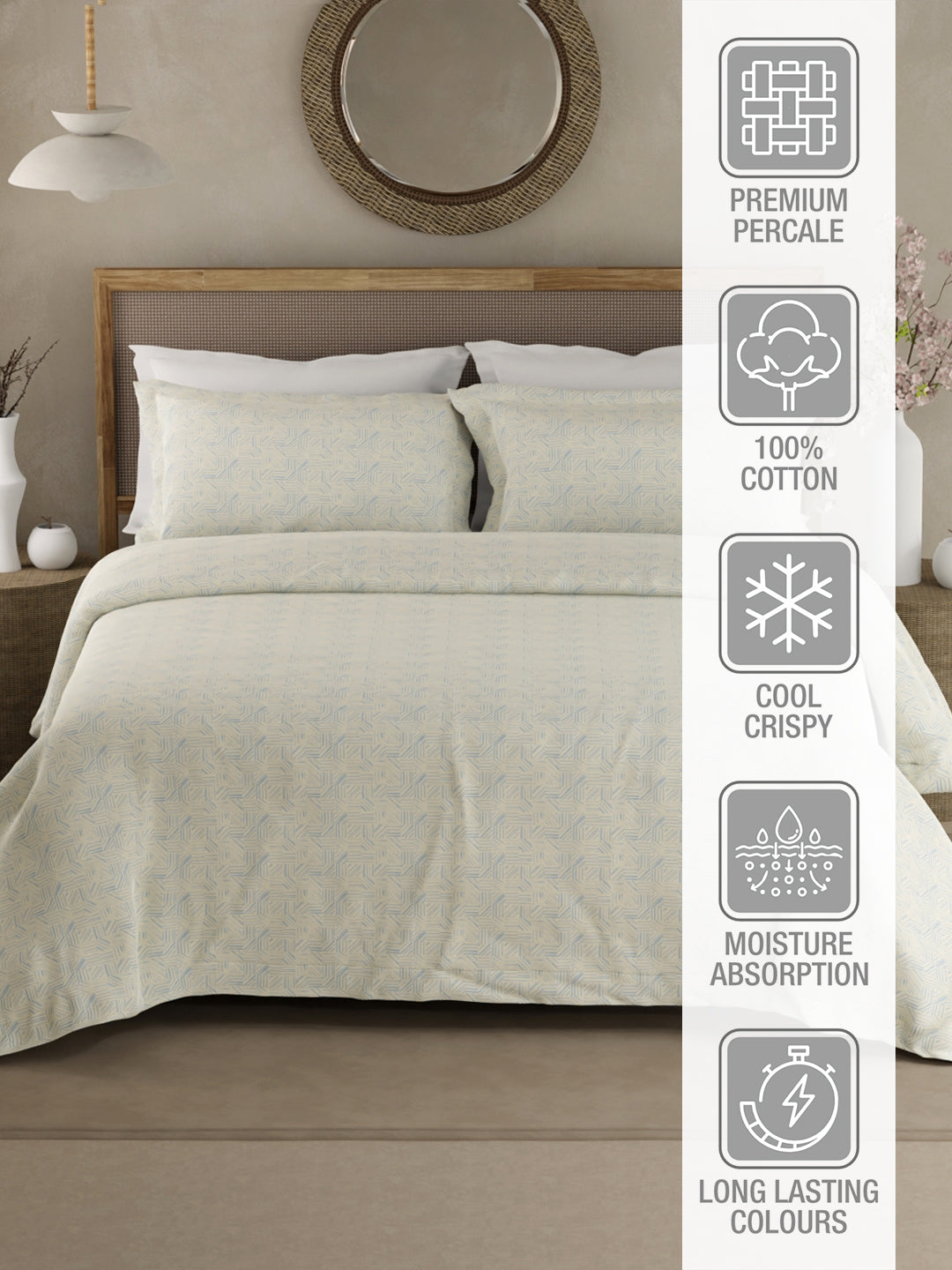 100% Cotton 300 TC King Bedsheet with 2 Pillow Covers - Blue & White Geometrical Print, Cottage Garden