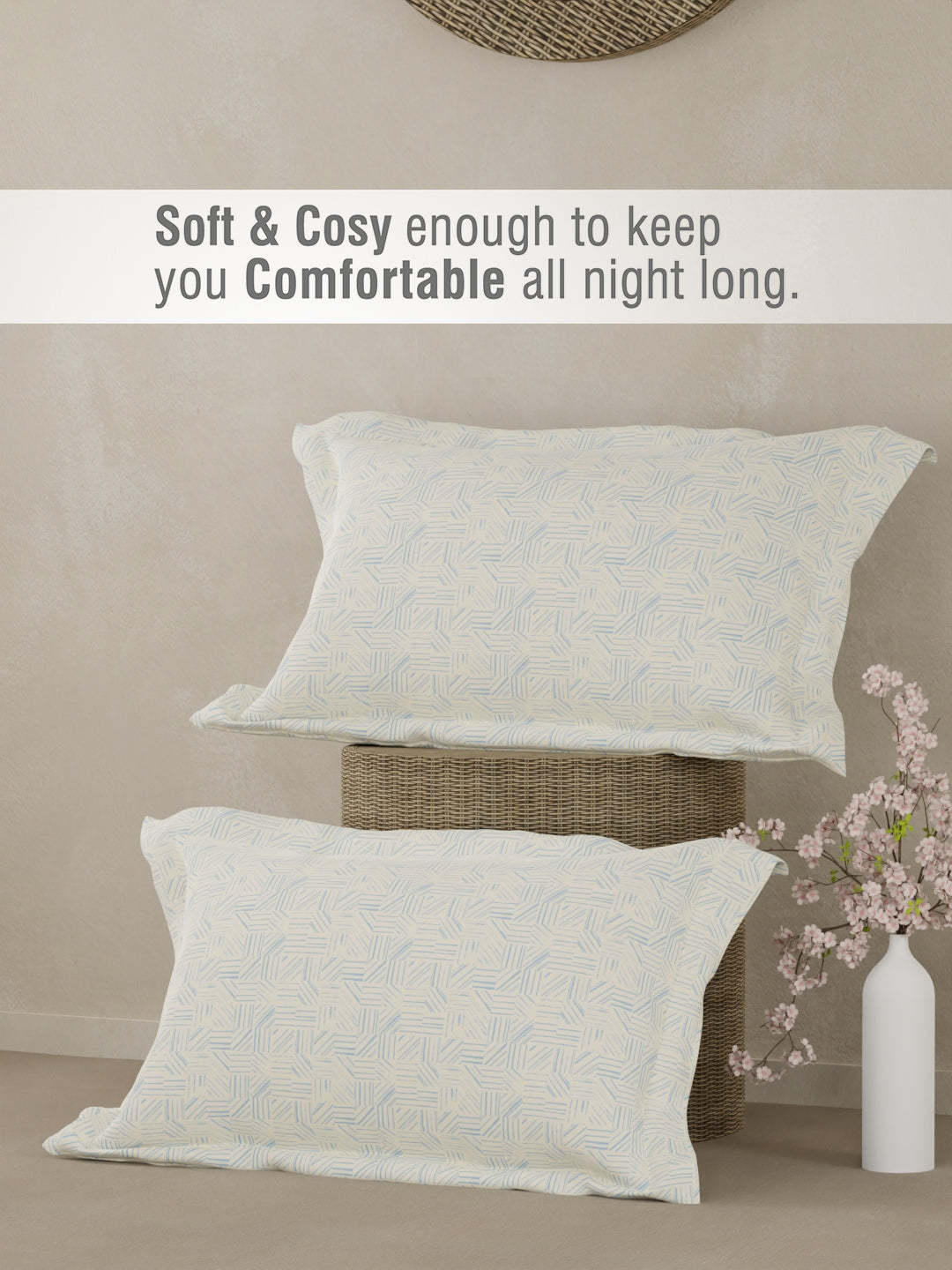 100% Cotton 300 TC King Bedsheet with 2 Pillow Covers - Blue & White Geometrical Print, Cottage Garden