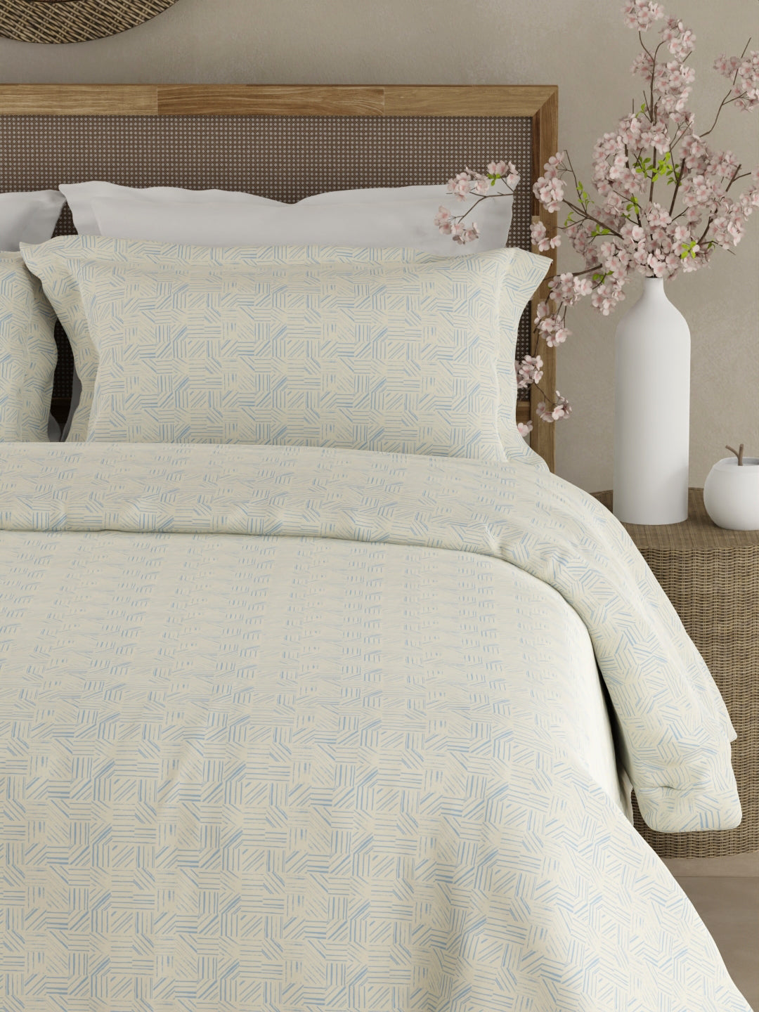 100% Cotton 300 TC King Bedsheet with 2 Pillow Covers - Blue & White Geometrical Print, Cottage Garden