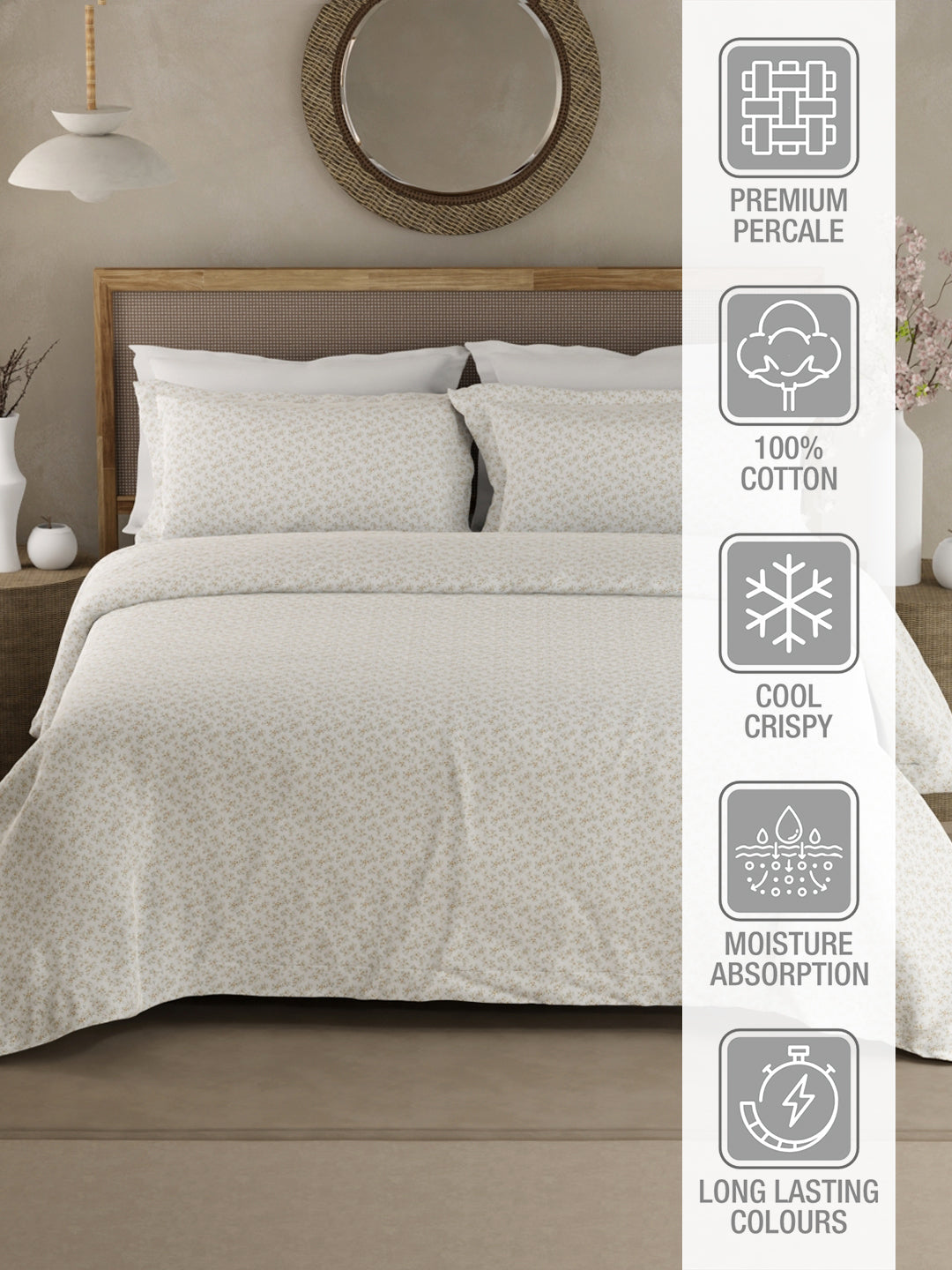 Cottage Garden 100% Cotton 300 TC King Bedsheet with 2 Pillow Covers - White Floral