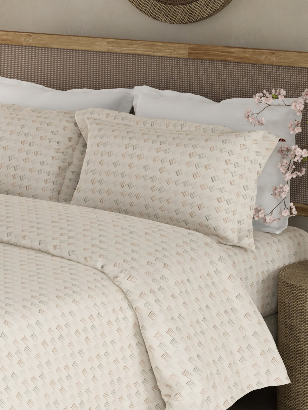 100% Cotton 300 TC King Bedsheet with 2 Pillow Covers - White Geometrical Print, Cottage Garden
