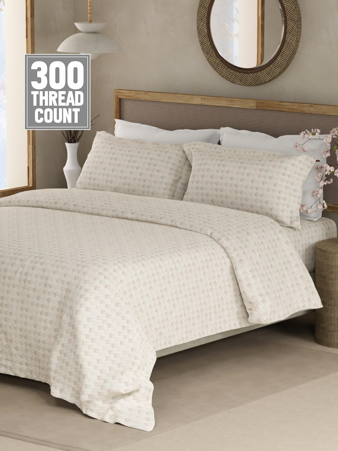100% Cotton 300 TC King Bedsheet with 2 Pillow Covers - White Geometrical Print, Cottage Garden