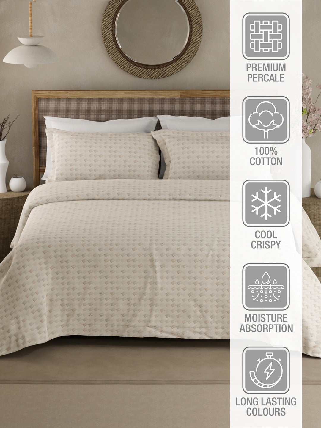 Cottage Garden 100% Cotton 300 TC King Bedsheet with 2 Pillow Covers - White Geometrical Print