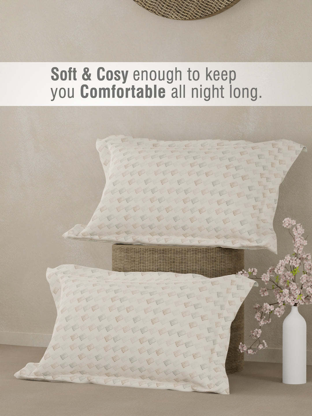 100% Cotton 300 TC King Bedsheet with 2 Pillow Covers - White Geometrical Print, Cottage Garden