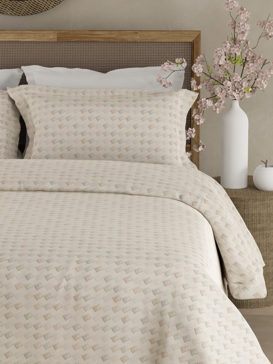 100% Cotton 300 TC King Bedsheet with 2 Pillow Covers - White Geometrical Print, Cottage Garden