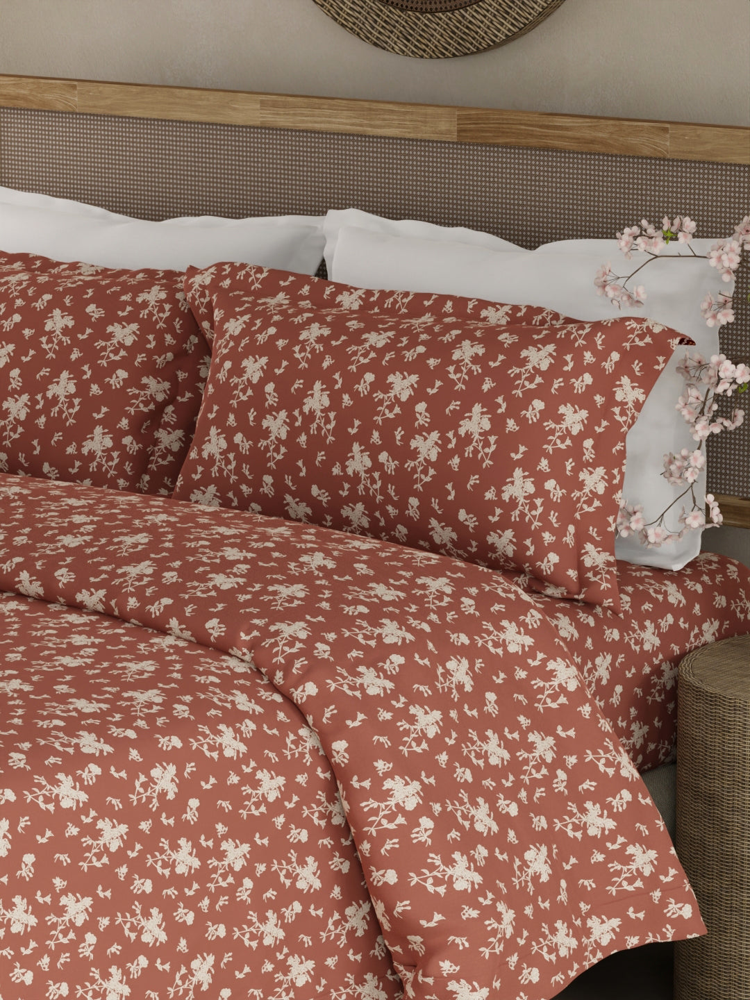 Cottage Garden 100% Cotton 300 TC King Bedsheet with 2 Pillow Covers - Brown & White Floral