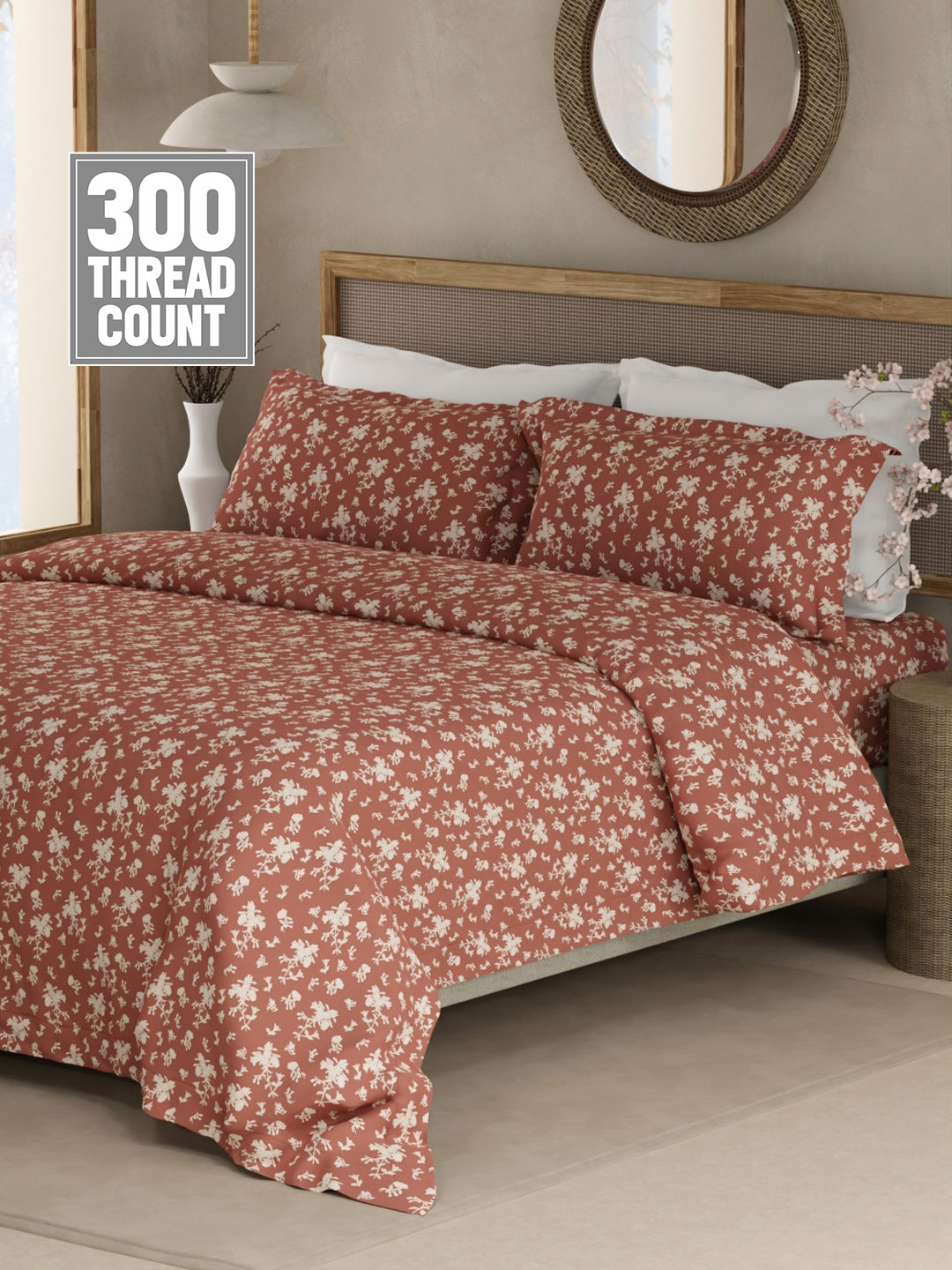 Cottage Garden 100% Cotton 300 TC King Bedsheet with 2 Pillow Covers - Brown & White Floral