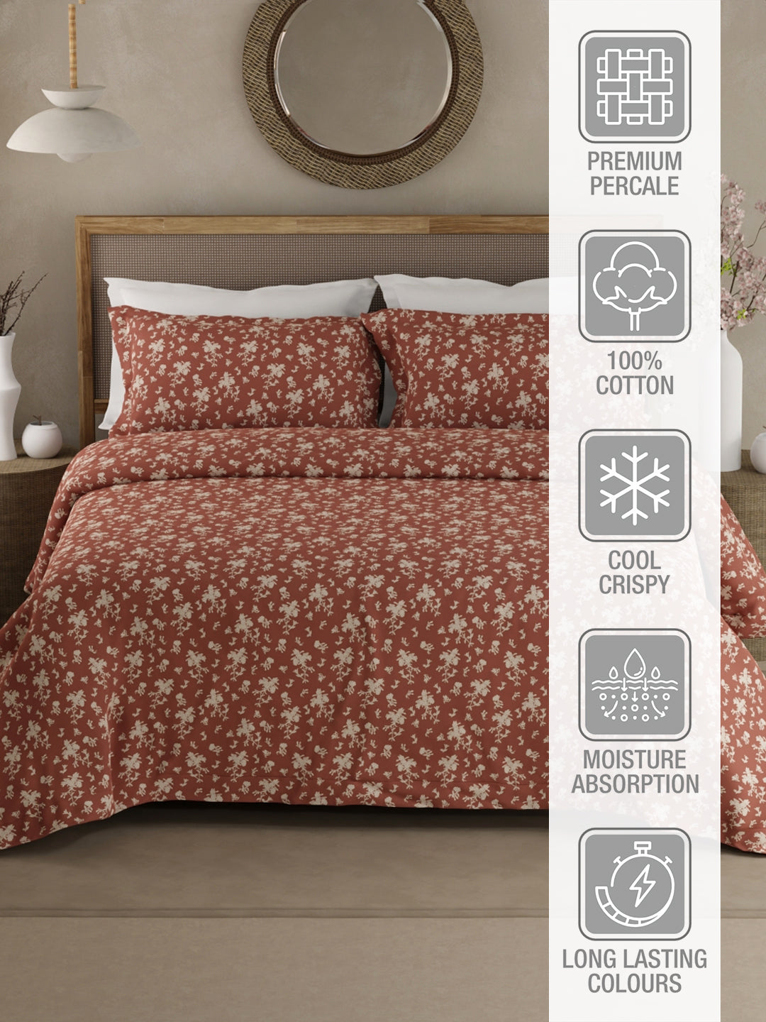 Cottage Garden 100% Cotton 300 TC King Bedsheet with 2 Pillow Covers - Brown & White Floral