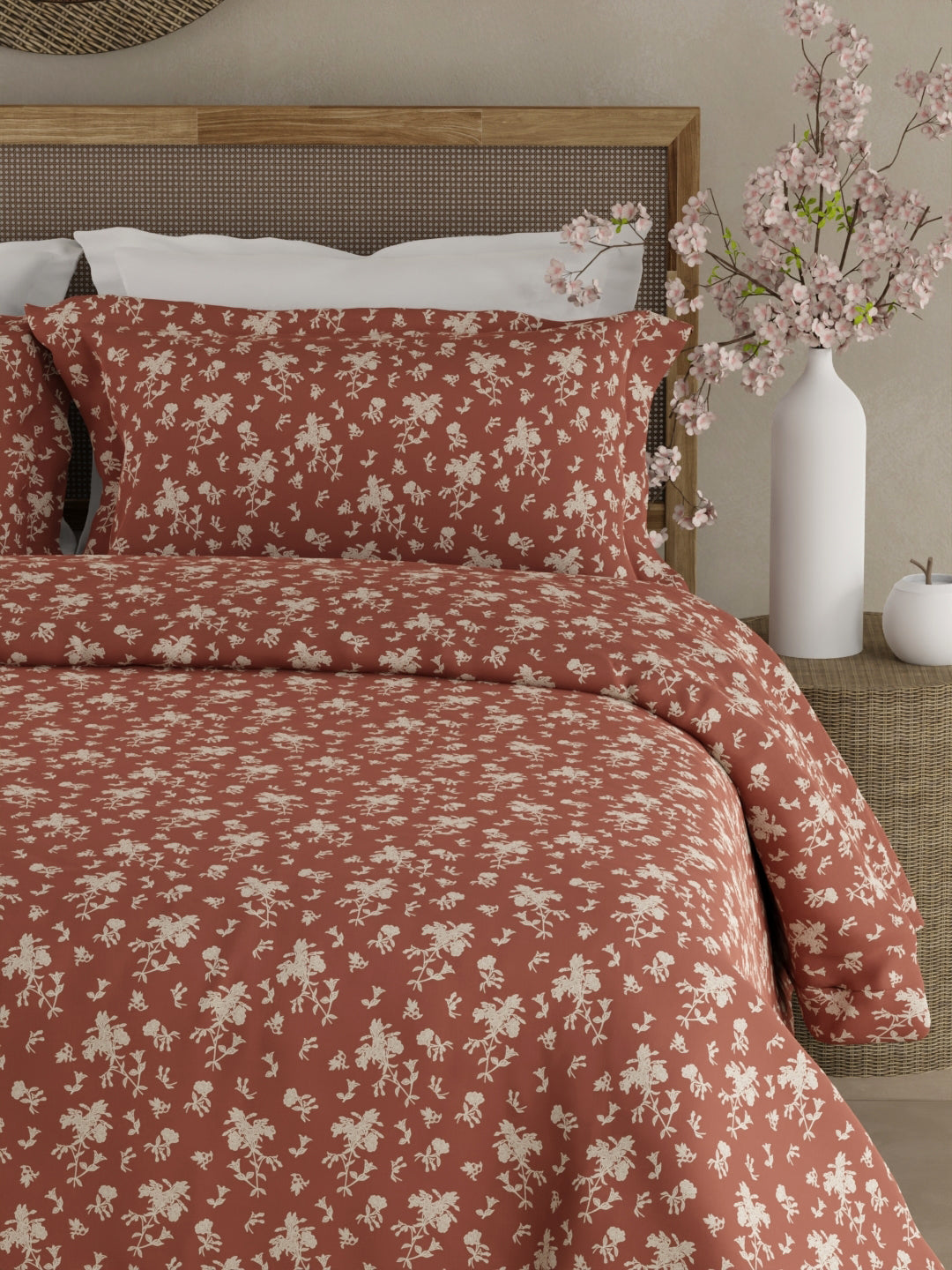 Cottage Garden 100% Cotton 300 TC King Bedsheet with 2 Pillow Covers - Brown & White Floral