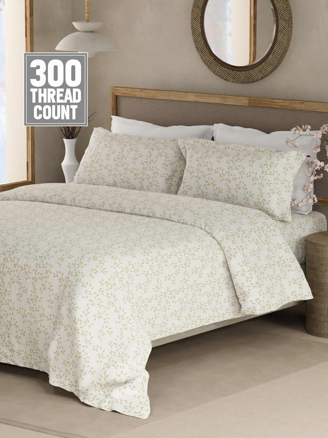 Cottage Garden 100% Cotton 300 TC King Bedsheet with 2 Pillow Covers - Green & White Floral