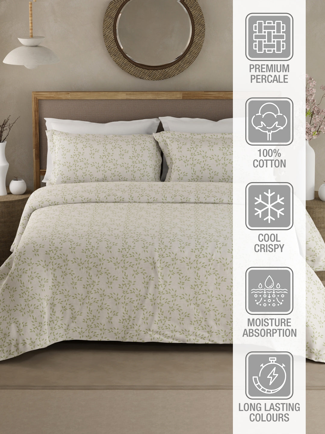 Cottage Garden 100% Cotton 300 TC King Bedsheet with 2 Pillow Covers - Green & White Floral