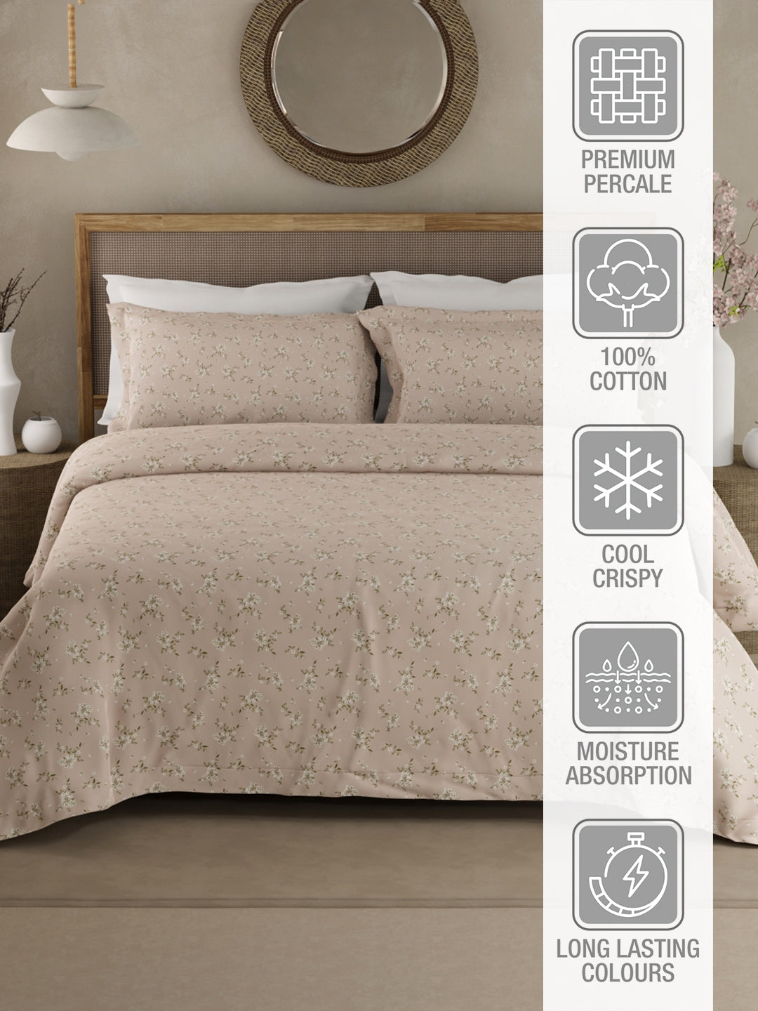 100% Cotton 300 TC King Bedsheet with 2 Pillow Covers - Purple Floral, Cottage Garden