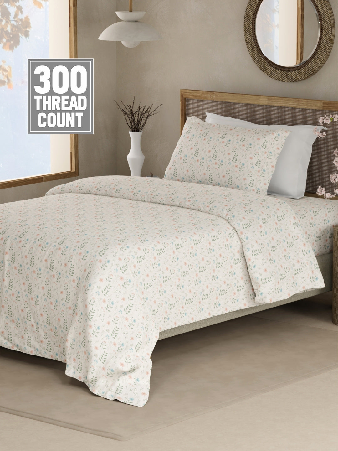 Cottage Garden 100% Cotton 300 TC Single Bedsheet with 1 Pillow Cover - Pink Floral