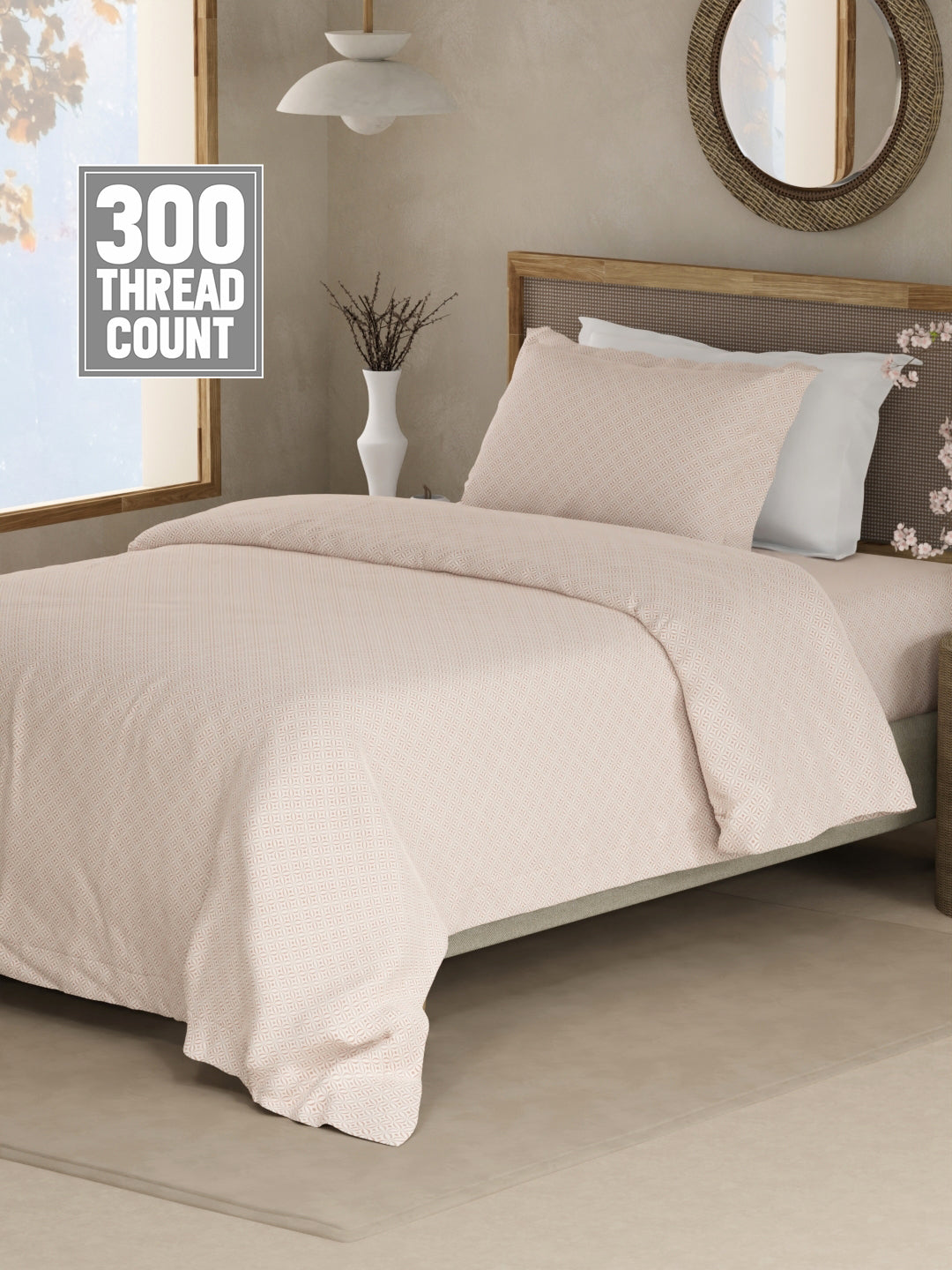 100% Cotton 300 TC Single Bedsheet with 1 Pillow Cover - White Geometrical Print, Cottage Garden