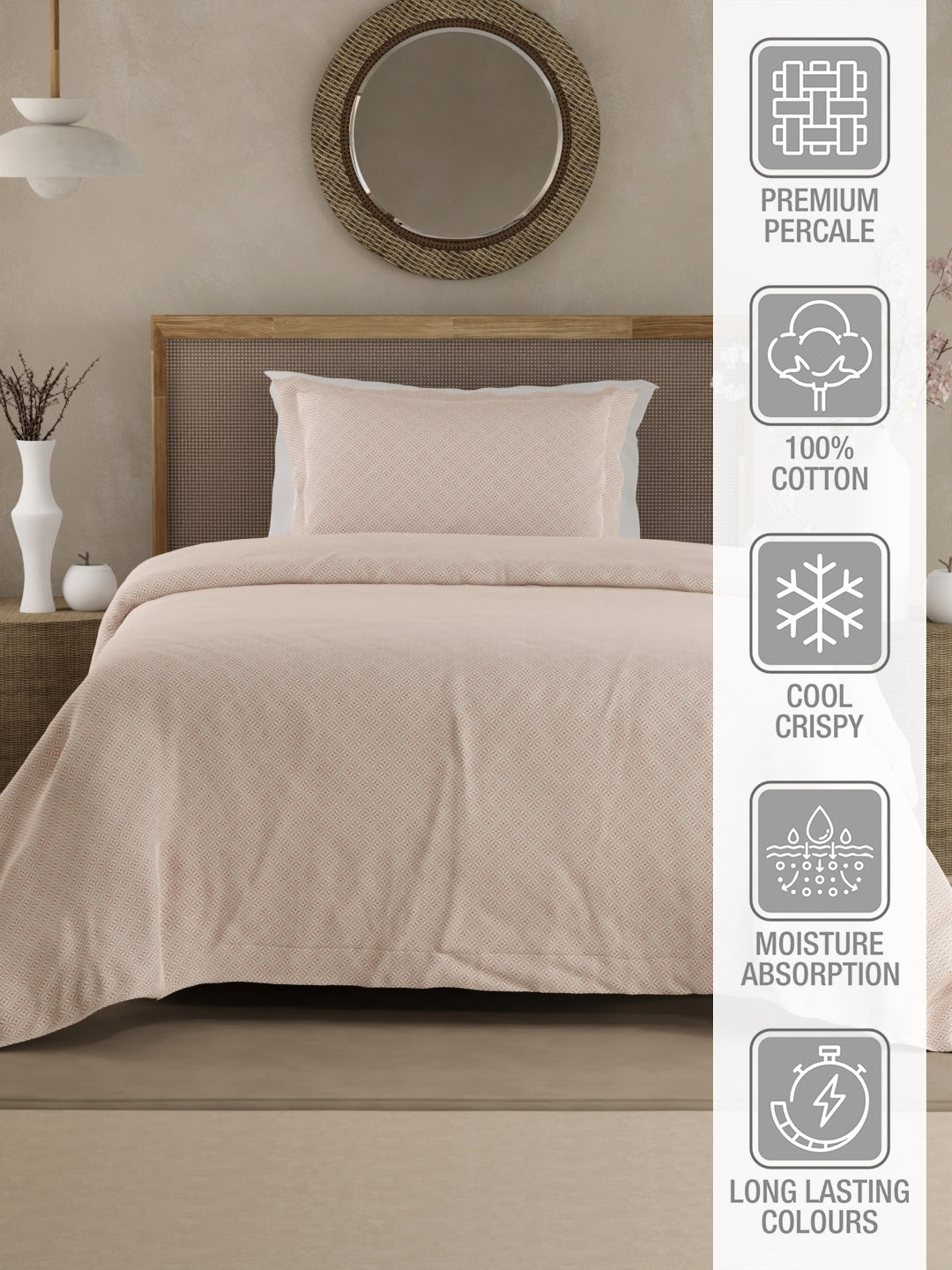 100% Cotton 300 TC Single Bedsheet with 1 Pillow Cover - White Geometrical Print, Cottage Garden