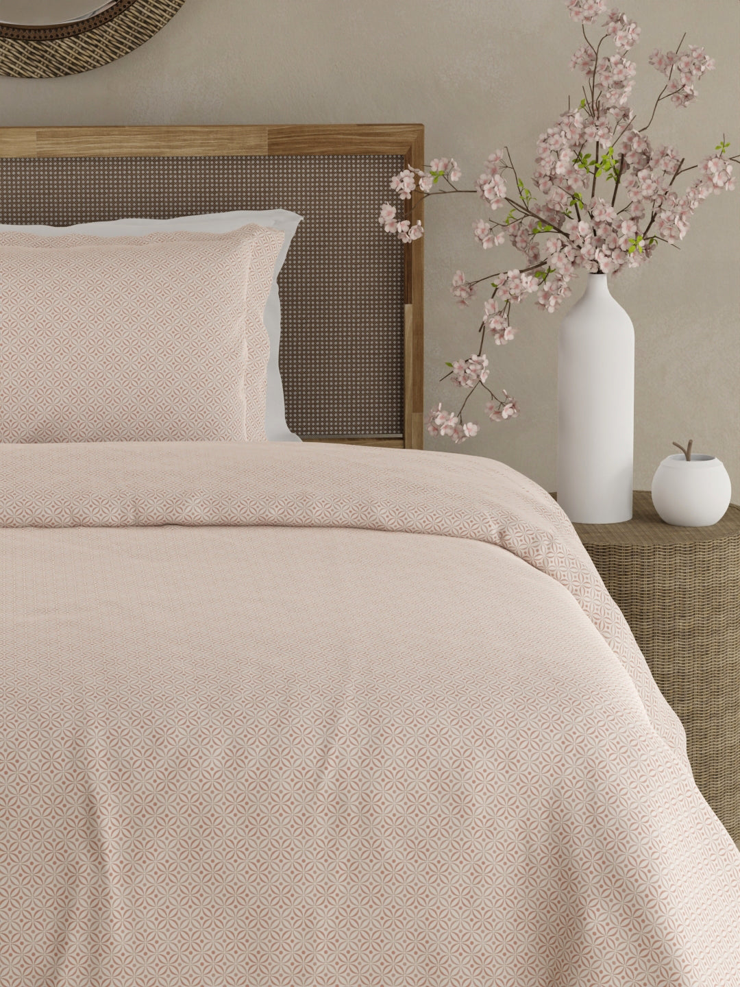 Cottage Garden 100% Cotton 300 TC Single Bedsheet with 1 Pillow Cover - White Geometrical Print
