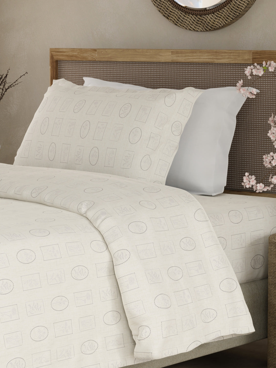 100% Cotton 300 TC Single Bedsheet with 1 Pillow Cover - White Geometrical Print, Cottage Garden