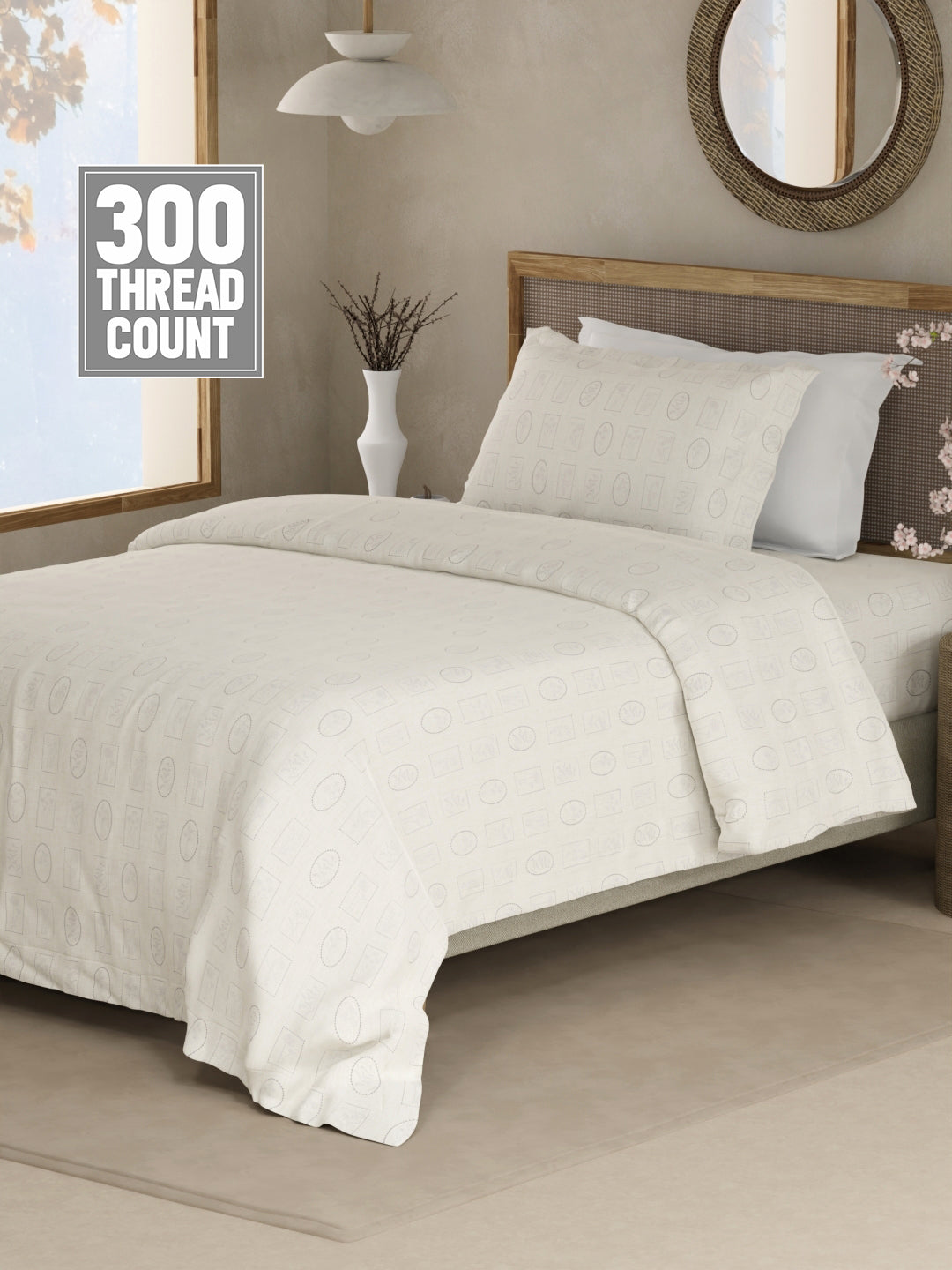 100% Cotton 300 TC Single Bedsheet with 1 Pillow Cover - White Geometrical Print, Cottage Garden