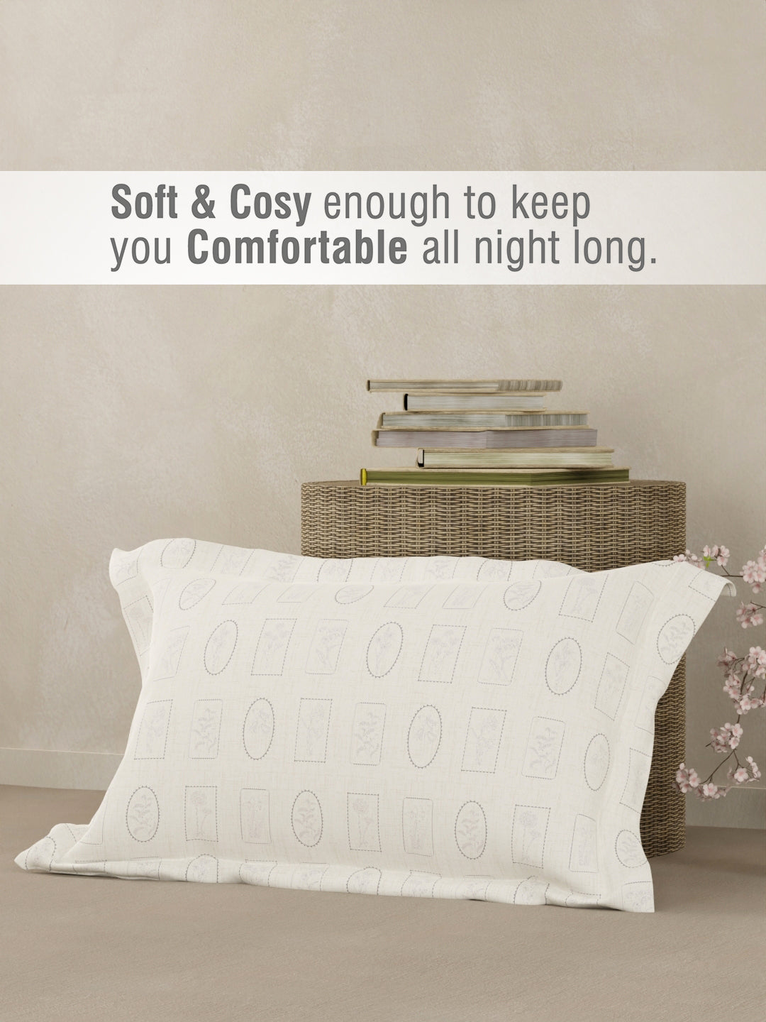 100% Cotton 300 TC Single Bedsheet with 1 Pillow Cover - White Geometrical Print, Cottage Garden