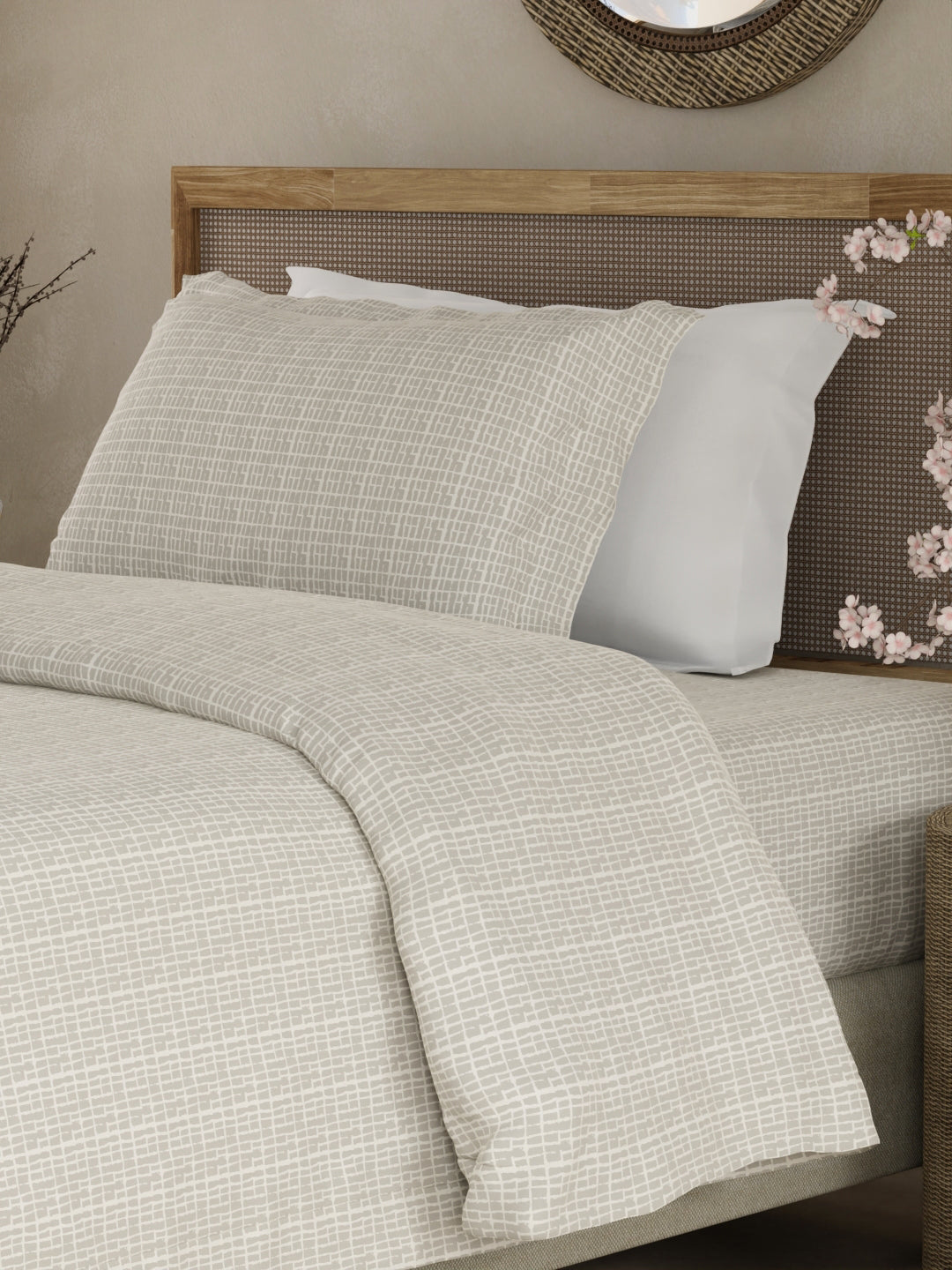 Cottage Garden 100% Cotton 300 TC Single Bedsheet with 1 Pillow Cover - Grey Geometrical Print