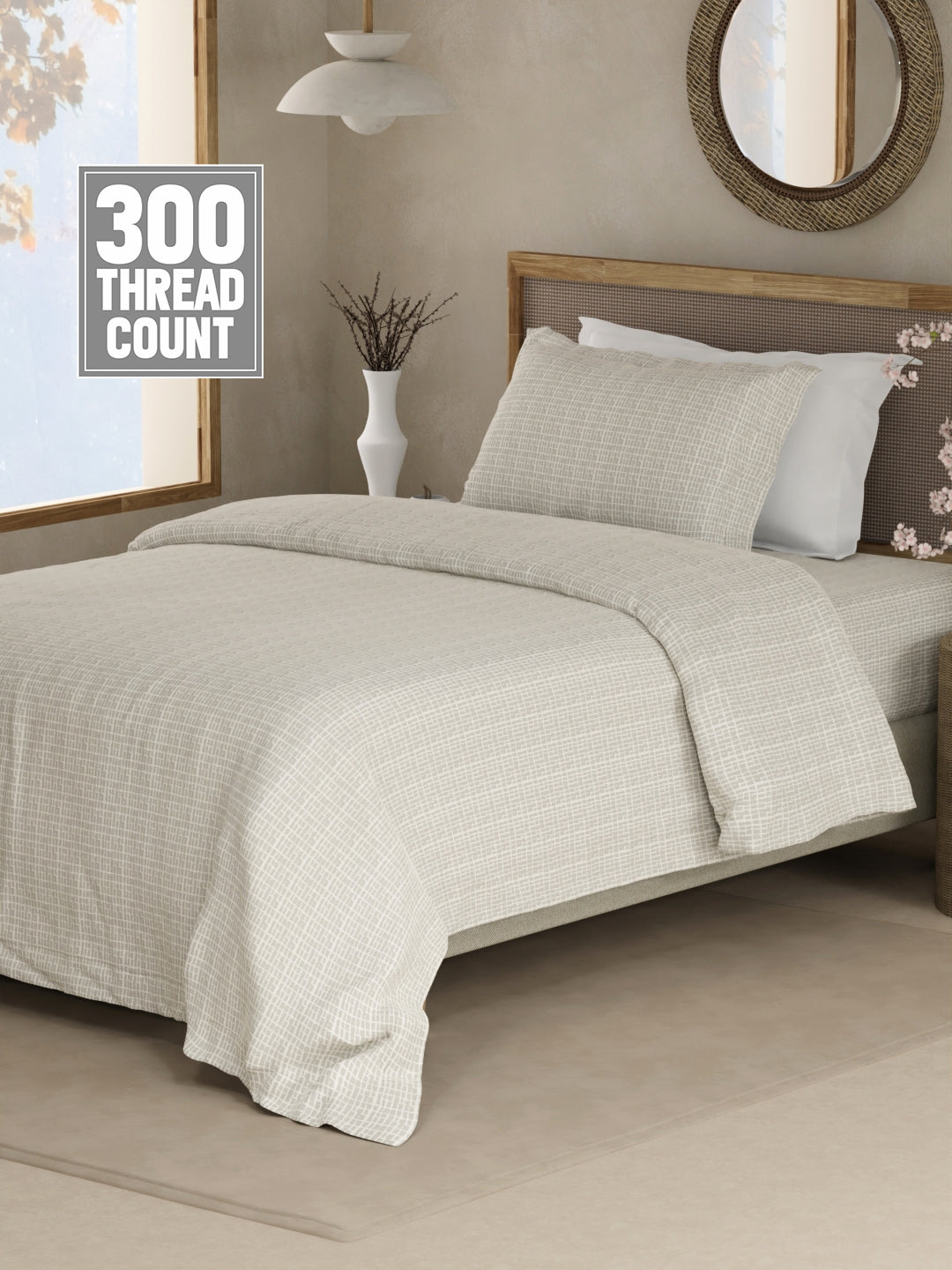 Cottage Garden 100% Cotton 300 TC Single Bedsheet with 1 Pillow Cover - Grey Geometrical Print