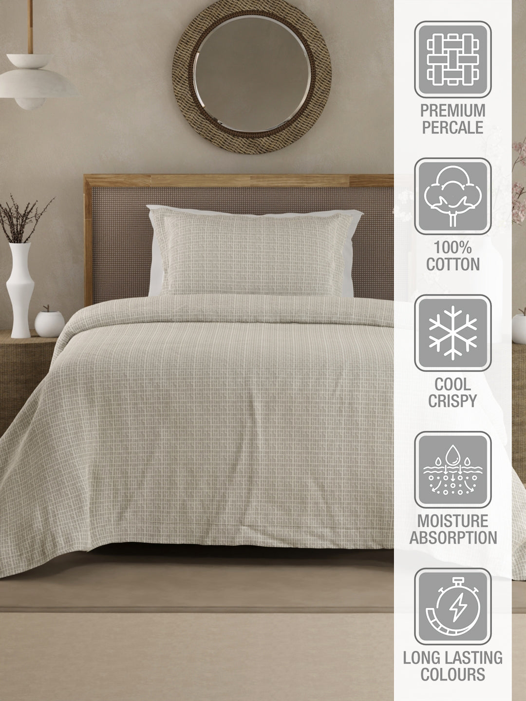 Cottage Garden 100% Cotton 300 TC Single Bedsheet with 1 Pillow Cover - Grey Geometrical Print