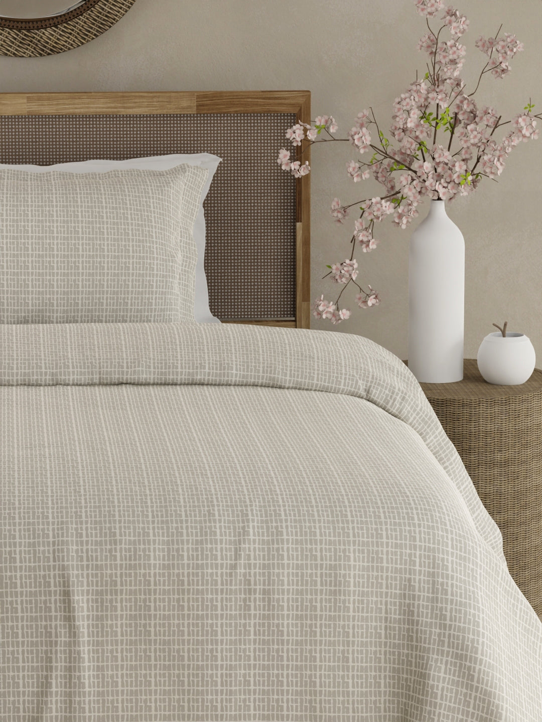 Cottage Garden 100% Cotton 300 TC Single Bedsheet with 1 Pillow Cover - Grey Geometrical Print