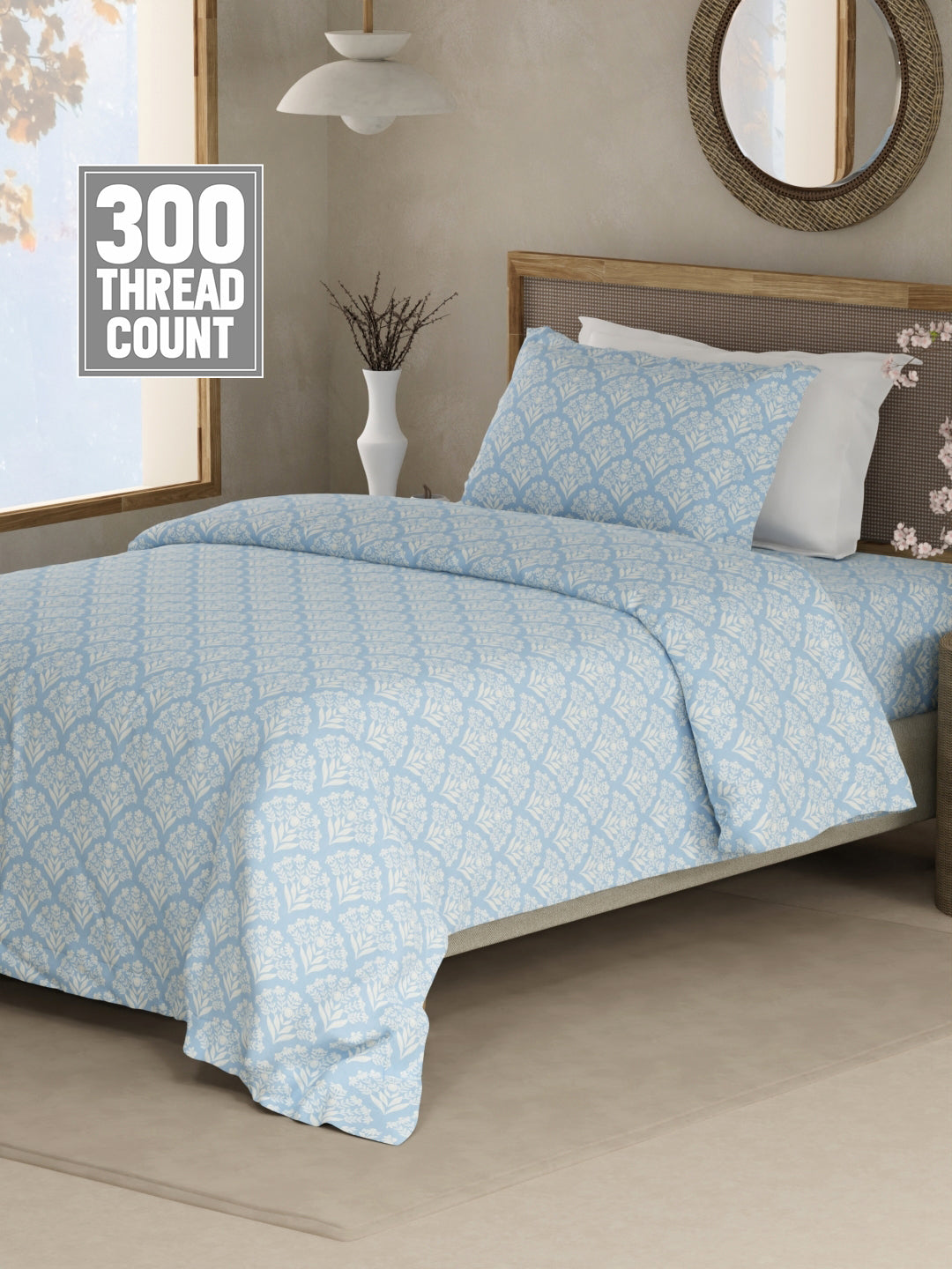 Cottage Garden 100% Cotton 300 TC Single Bedsheet with 1 Pillow Cover - Blue & White Floral