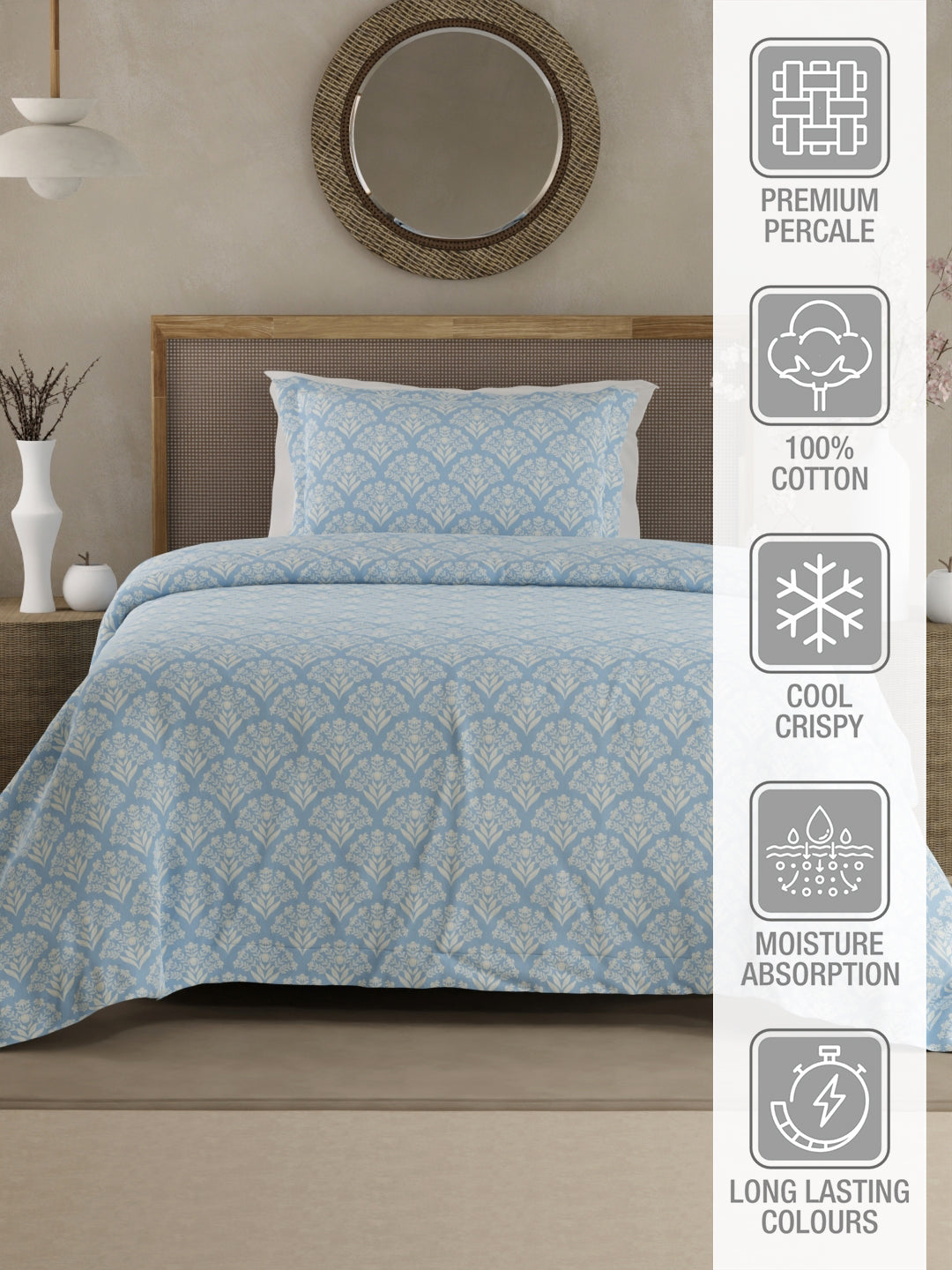 Cottage Garden 100% Cotton 300 TC Single Bedsheet with 1 Pillow Cover - Blue & White Floral