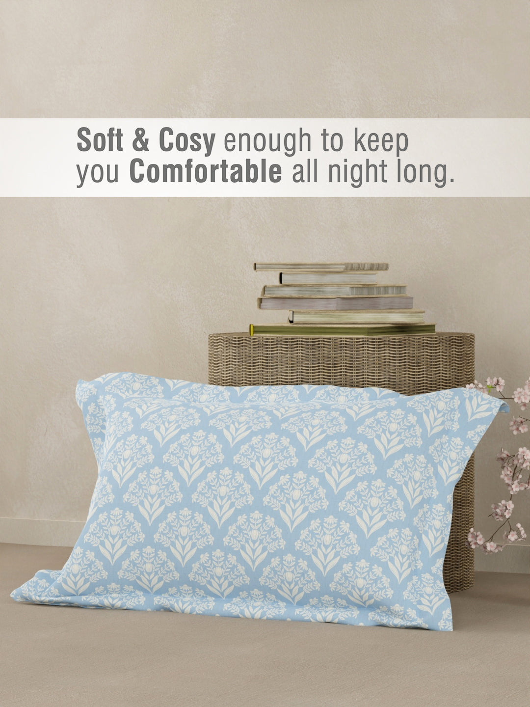 Cottage Garden 100% Cotton 300 TC Single Bedsheet with 1 Pillow Cover - Blue & White Floral