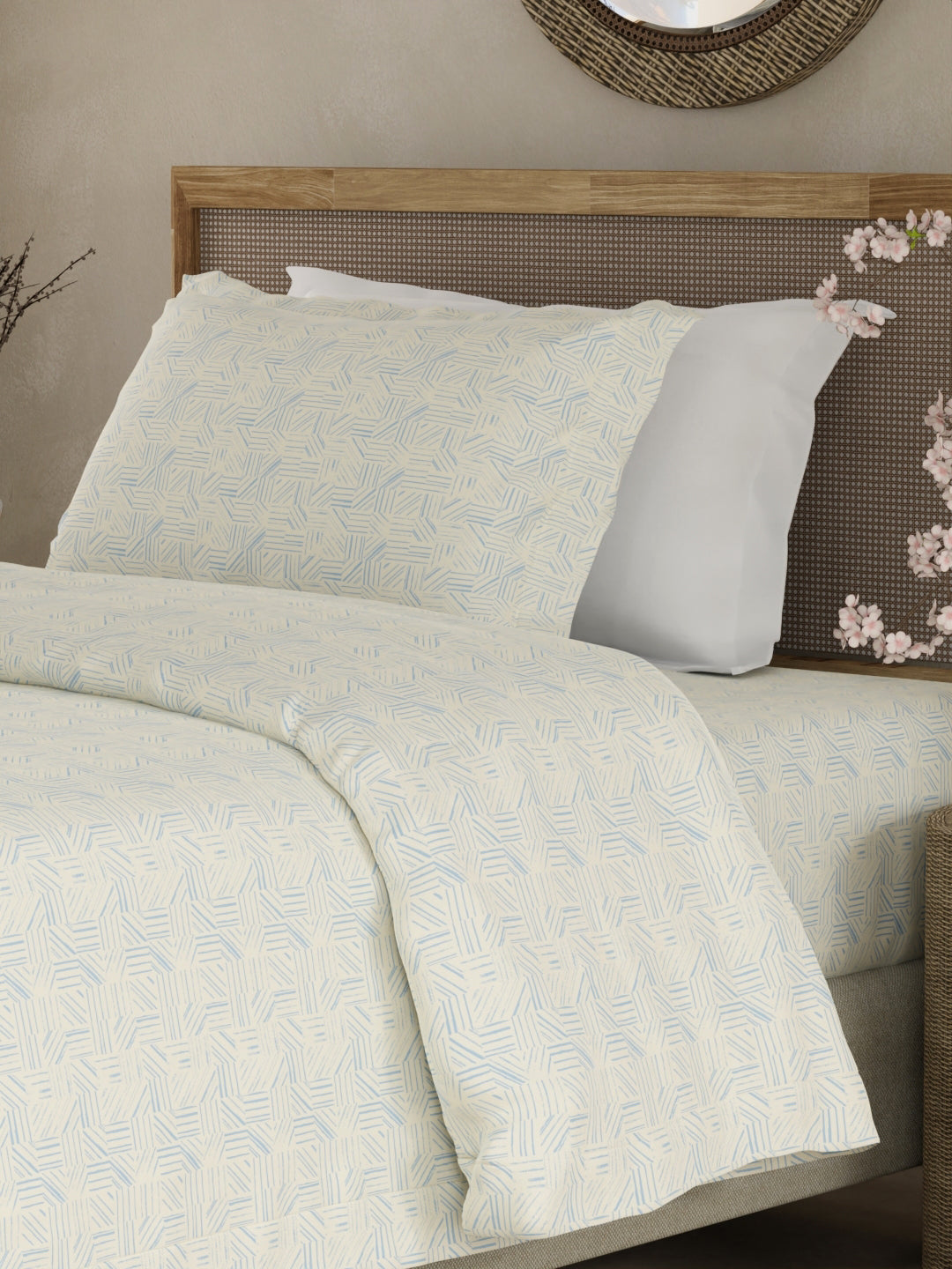 100% Cotton 300 TC Single Bedsheet with 1 Pillow Cover - Blue & White Geometrical Print, Cottage Garden