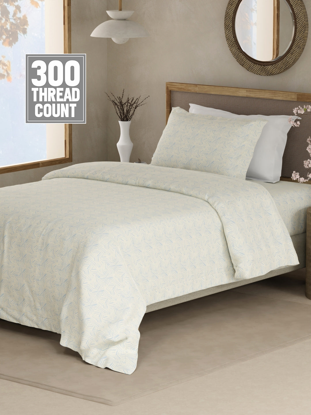 100% Cotton 300 TC Single Bedsheet with 1 Pillow Cover - Blue & White Geometrical Print, Cottage Garden