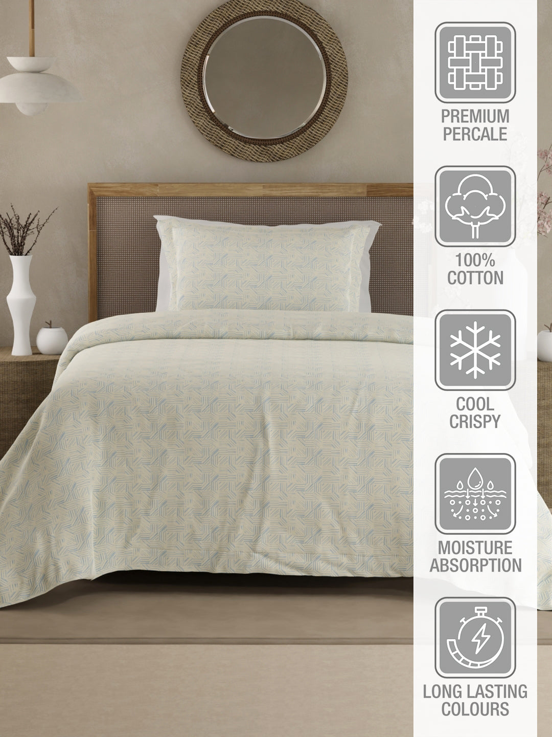 100% Cotton 300 TC Single Bedsheet with 1 Pillow Cover - Blue & White Geometrical Print, Cottage Garden