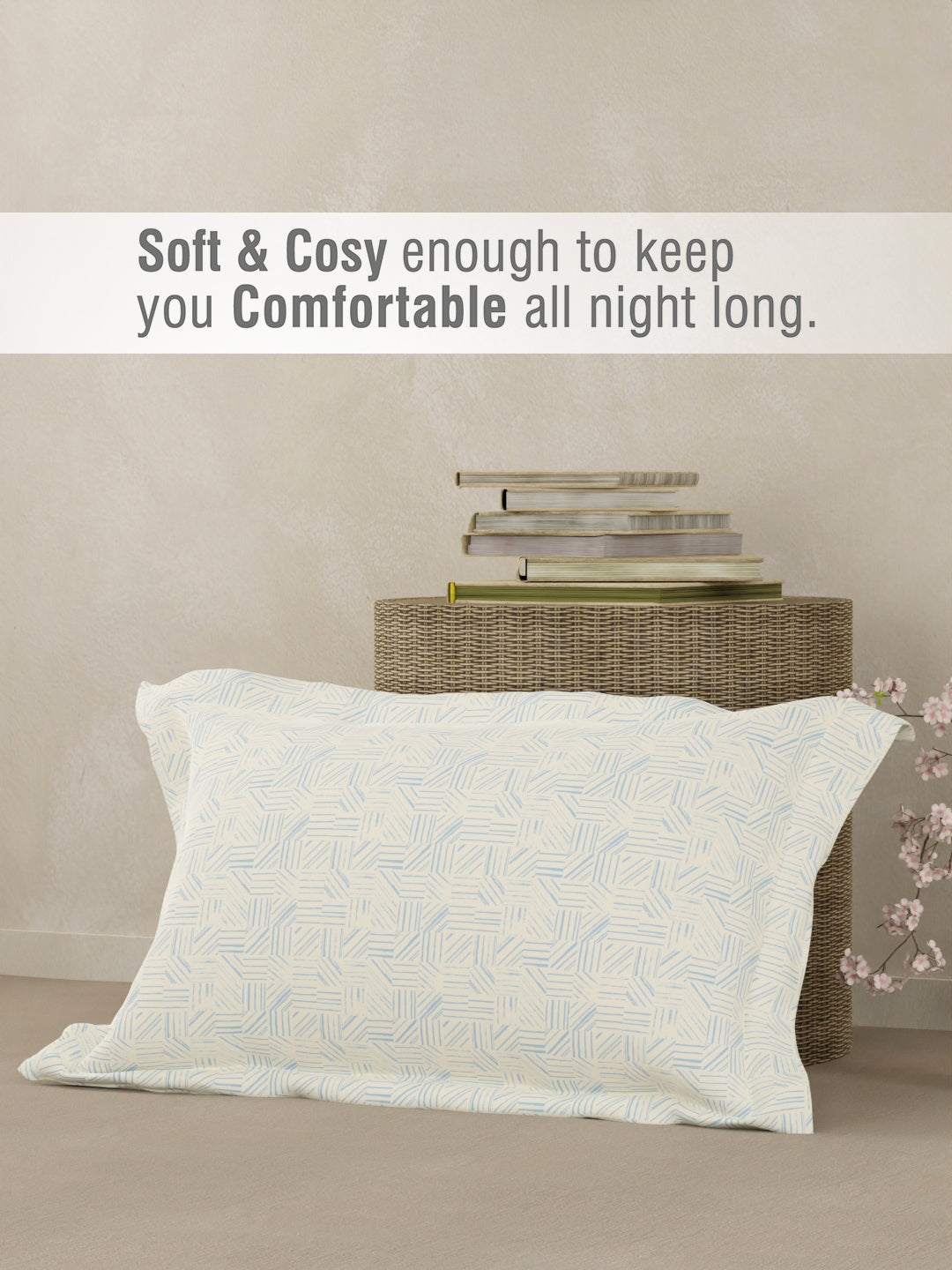 100% Cotton 300 TC Single Bedsheet with 1 Pillow Cover - Blue & White Geometrical Print, Cottage Garden