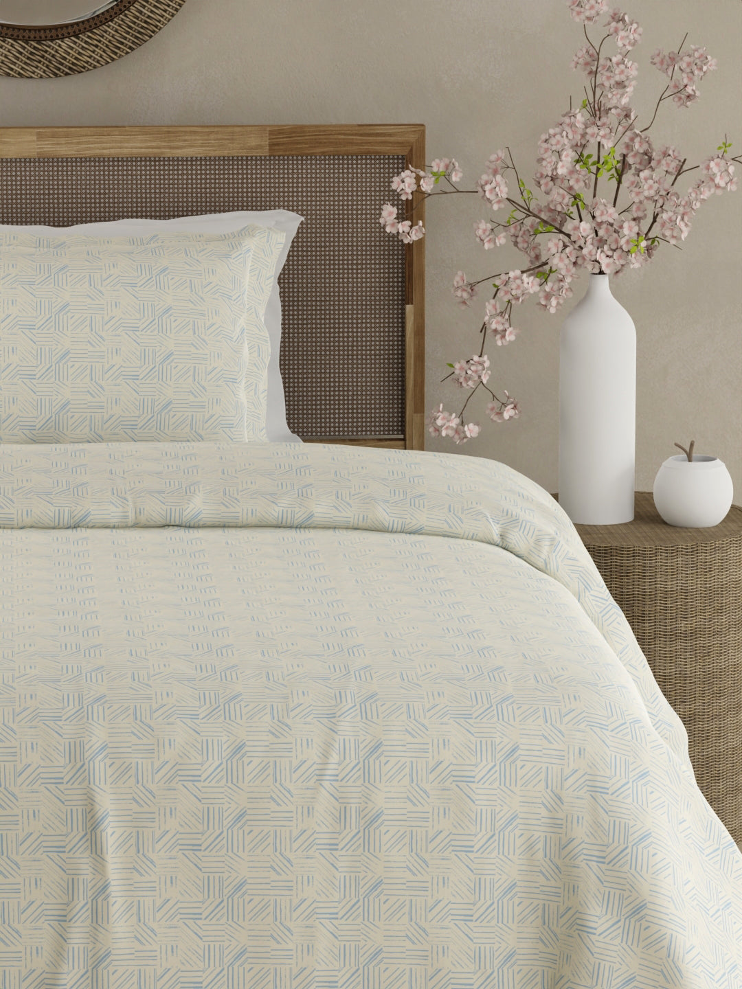 100% Cotton 300 TC Single Bedsheet with 1 Pillow Cover - Blue & White Geometrical Print, Cottage Garden