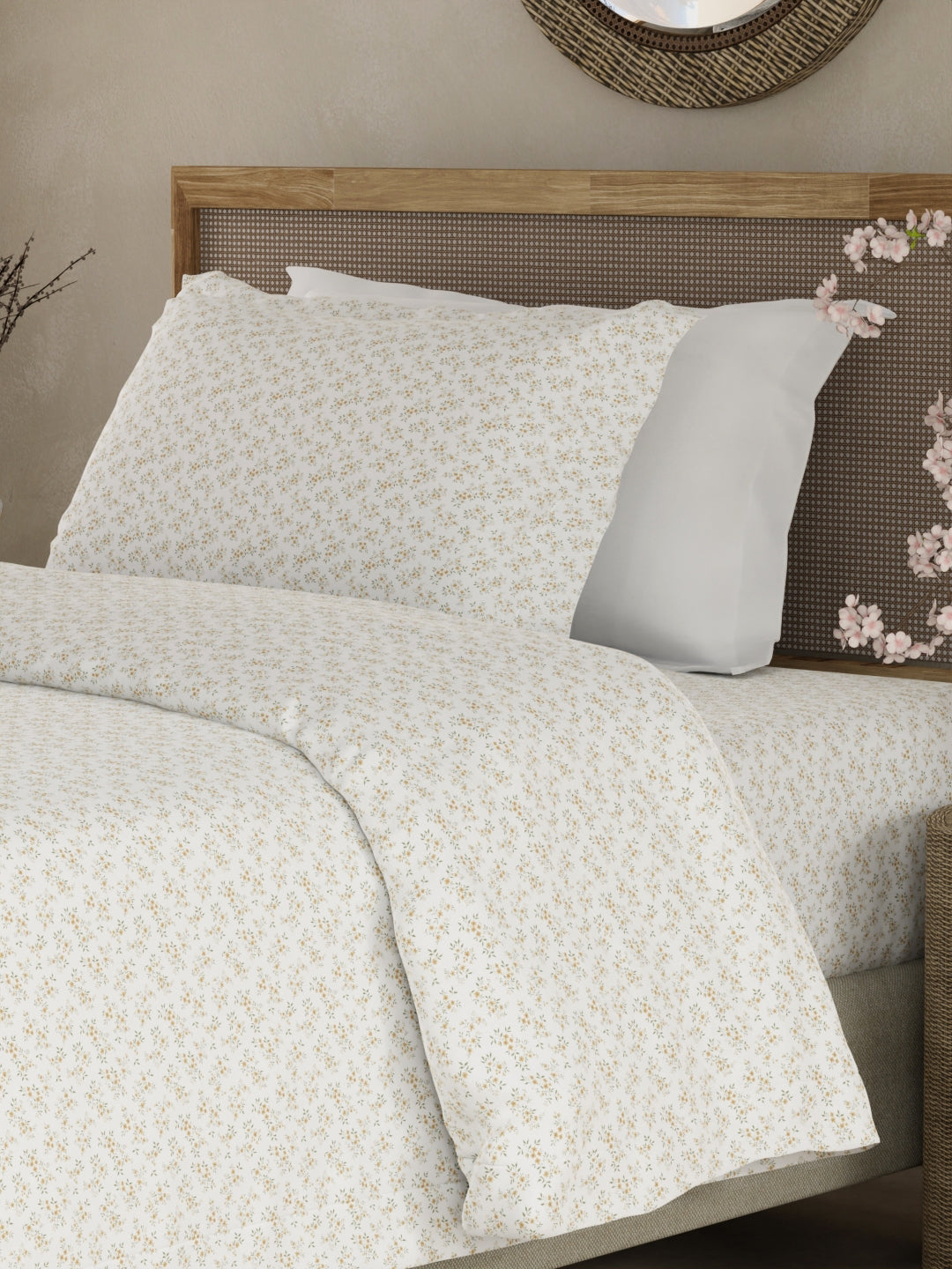 Cottage Garden 100% Cotton 300 TC Single Bedsheet with 1 Pillow Cover - White Floral