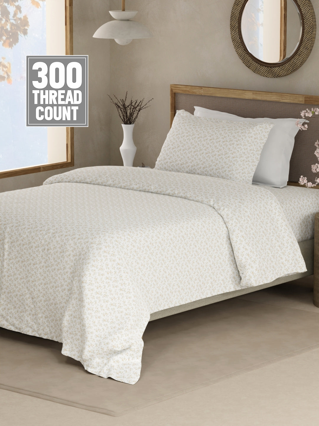 Cottage Garden 100% Cotton 300 TC Single Bedsheet with 1 Pillow Cover - White Floral