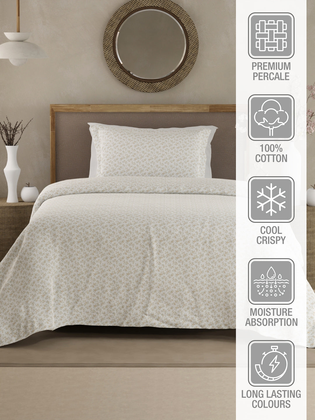 Cottage Garden 100% Cotton 300 TC Single Bedsheet with 1 Pillow Cover - White Floral