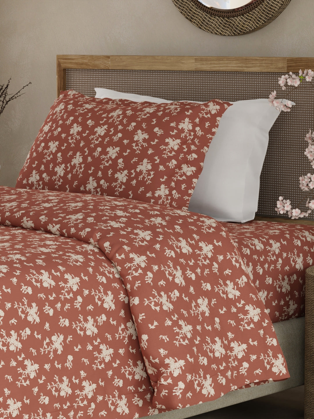 Cottage Garden 100% Cotton 300 TC Single Bedsheet with 1 Pillow Cover - Brown & White Floral