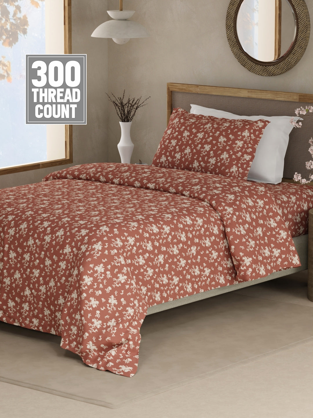 Cottage Garden 100% Cotton 300 TC Single Bedsheet with 1 Pillow Cover - Brown & White Floral