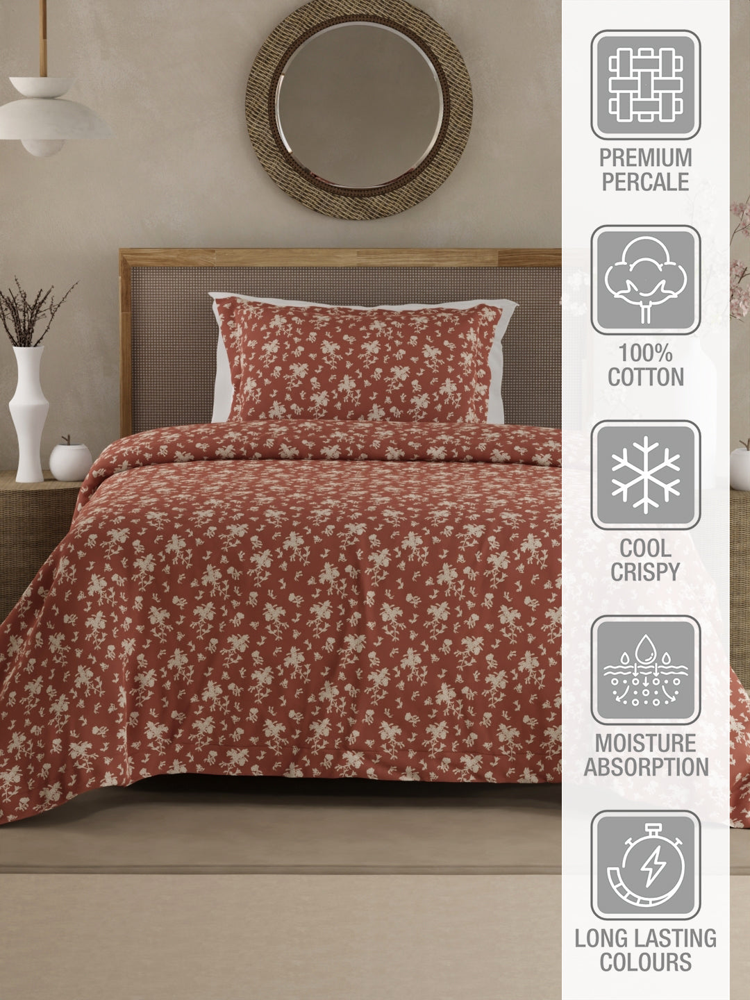 Cottage Garden 100% Cotton 300 TC Single Bedsheet with 1 Pillow Cover - Brown & White Floral