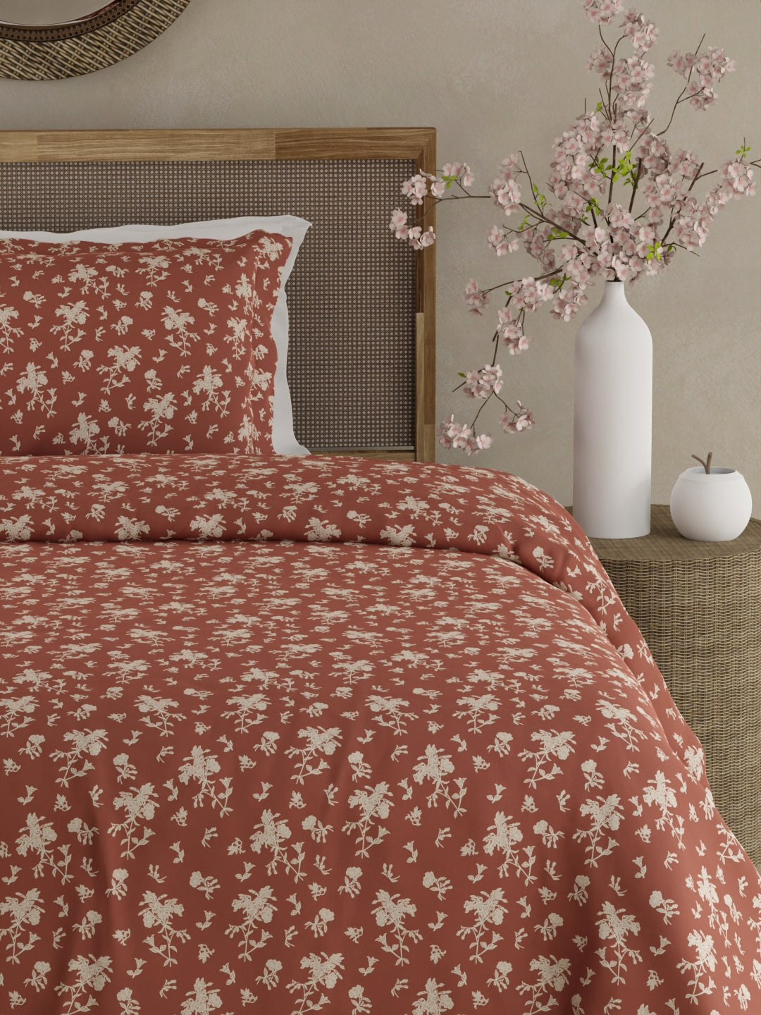 Cottage Garden 100% Cotton 300 TC Single Bedsheet with 1 Pillow Cover - Brown & White Floral