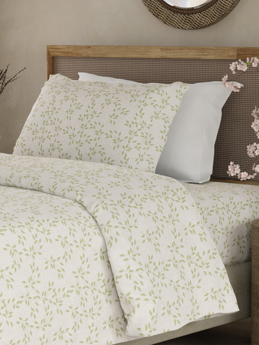 Cottage Garden 100% Cotton 300 TC Single Bedsheet with 1 Pillow Cover - Green & White Floral