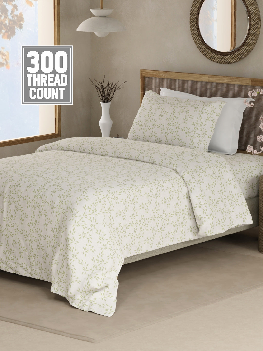 Cottage Garden 100% Cotton 300 TC Single Bedsheet with 1 Pillow Cover - Green & White Floral