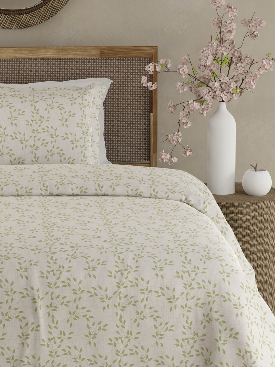 Cottage Garden 100% Cotton 300 TC Single Bedsheet with 1 Pillow Cover - Green & White Floral