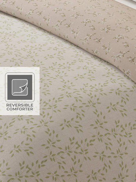 Cottage Garden 100% Cotton 300 TC Green & Beige Printed Double Reversible Comforter - Pack of 1 (108 L x 90 W inches)